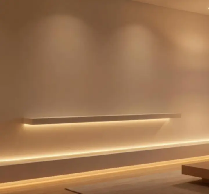 Atmosferyczne oświetlenie w salonie z warstwowymi źródłami światła