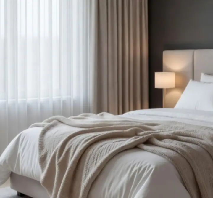 Elegancki projekt sypialni prezentujący meble na zamówienie i nastrojowe oświetlenie w ciepłych neutralnych tonach