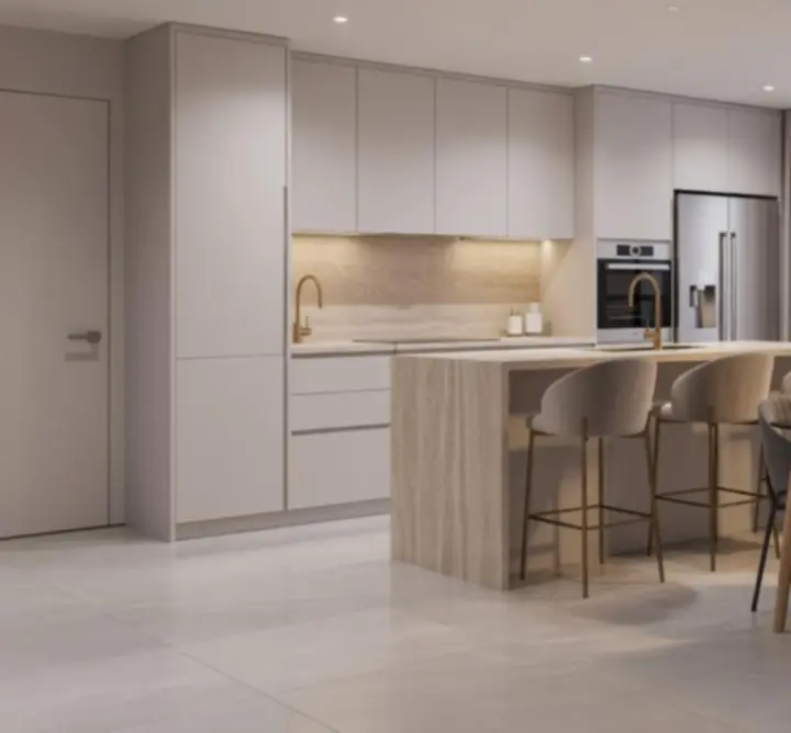 Współczesna kuchnia i jadalnia z niestandardowymi szafkami