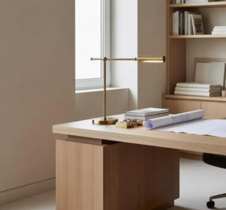 Przestrzeń studia projektowego z próbkami materiałów i makietami