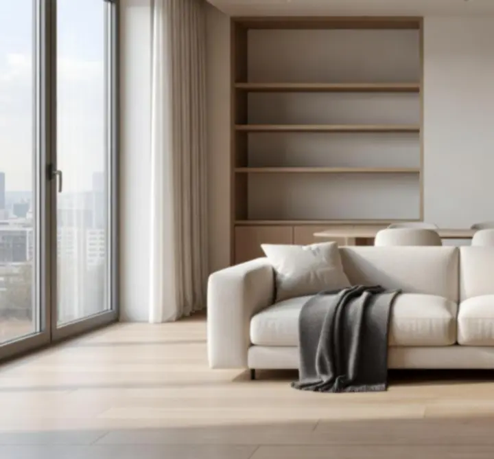 Elegancki, minimalistyczny apartament z ciepłymi akcentami materialnymi