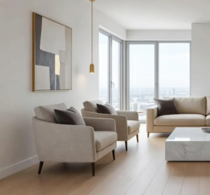 Eleganckie wnętrze studia prezentujące wyrafinowaną estetykę projektowania z miękkimi neutralnymi tonami i wyrafinowanym oświetleniem