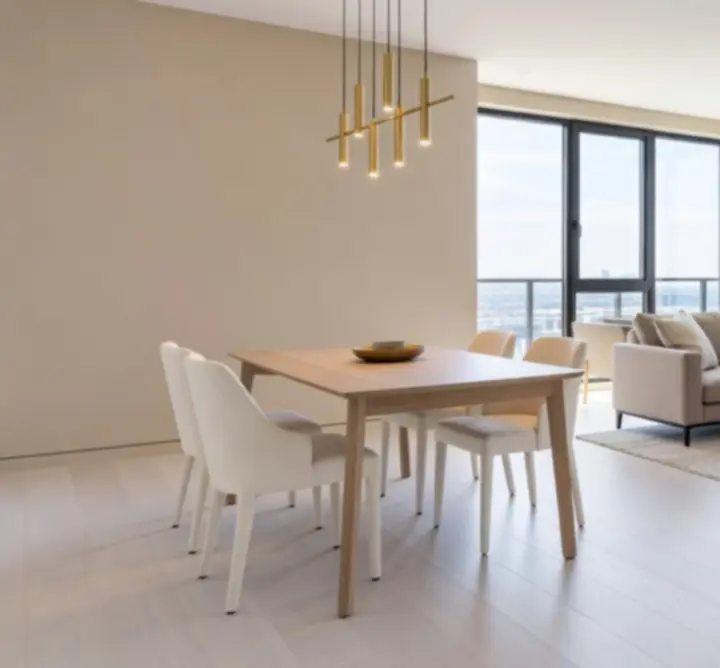 Fotorealistyczna wizualizacja 3D współczesnego salonu z neutralną paletą i wyrafinowanym oświetleniem