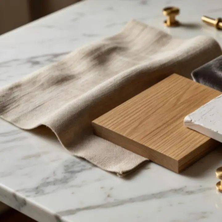 Studia Materiałów i Tekstur - detale lnianych tapicerek i mosiężnych elementów