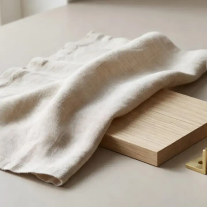 Zbliżenie na tekstury materiałów - len, mosiądz i drewno dębowe