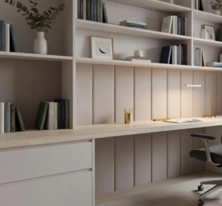 Eleganckie domowe biuro z akcentami w kolorze grafitu i złota