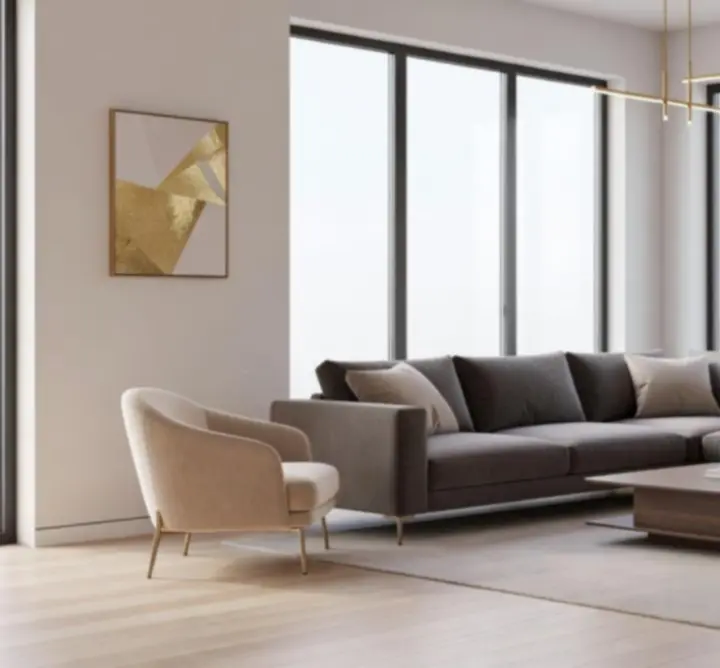 Wyrafinowany salon z eleganckim umeblowaniem i oświetleniem